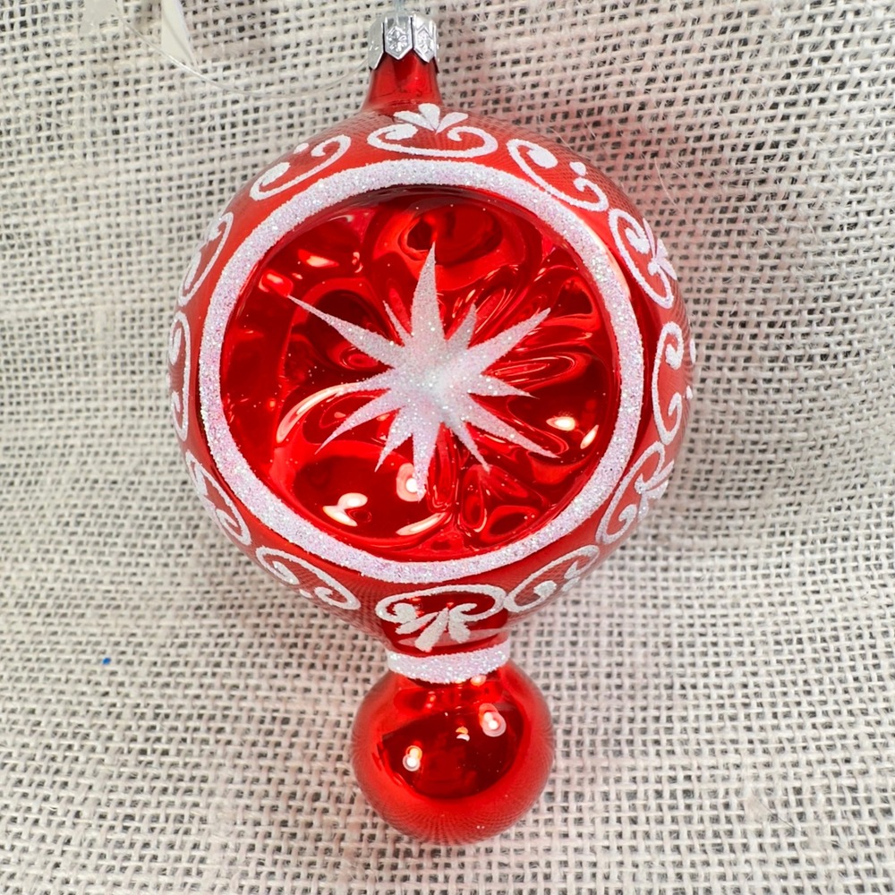 Red Glass Reflector Christmas Ornament White Glitter Scrollwork Starburst 5.5in